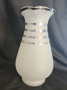 Vintage Art Deco White Frosted Glass Vase Silver Stripes/Bands & Ruffled Rim